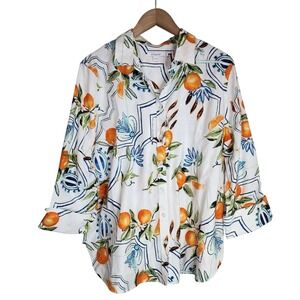 Chico's Button‎ Up Top Women's 2.5 (14) 3/4 Sleeve Oranges Fruity